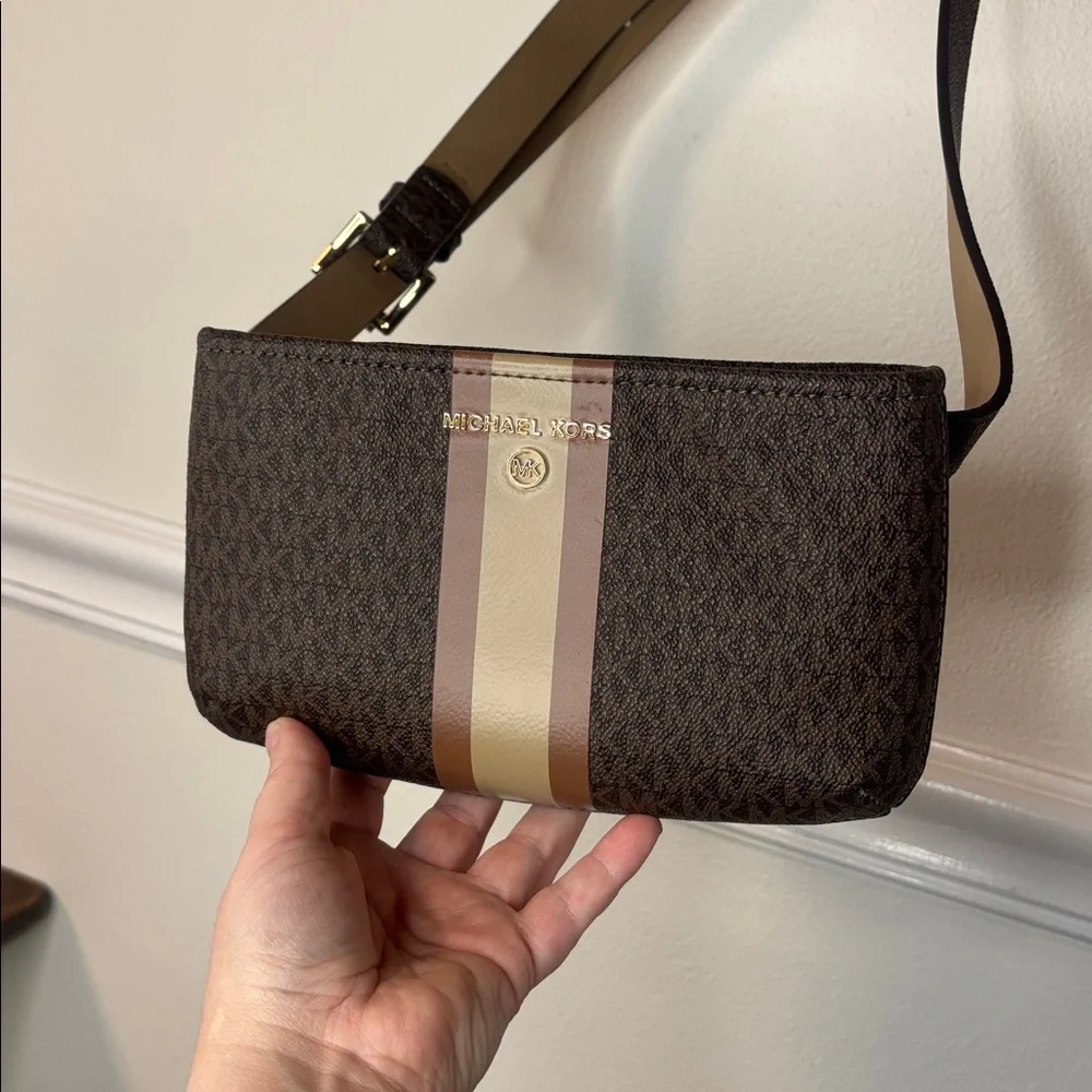 Michael Kors Monogram Crossbody Bag Brown Stripe Adjustable Belt Bag MK Signatu